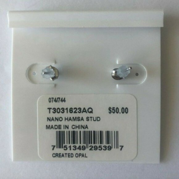 Nano Sterling Silver 925 Blue Lab Created Opal Hamsa Hand Stud Earrings - Picture 3 of 5